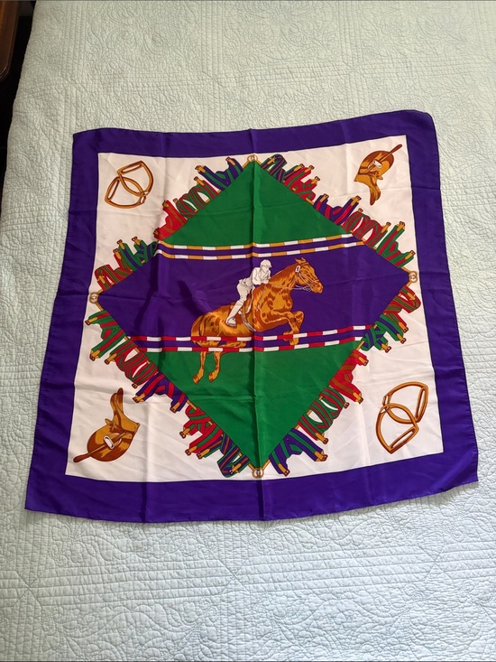 Vintage Accessories - Equestrian Print Silk Scarf in Purple, Green & White